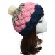 Women Female Knitted Flat Rabbit Fur Ball Beanie Hat Adjustable Elastic Beret Cap