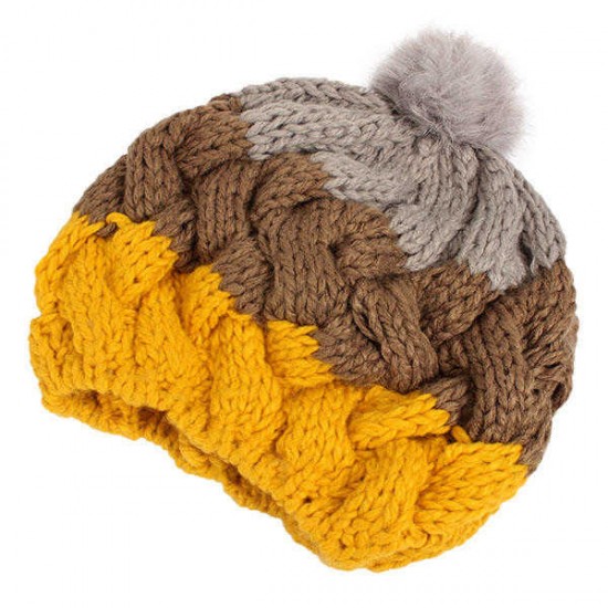 Women Female Knitted Flat Rabbit Fur Ball Beanie Hat Adjustable Elastic Beret Cap