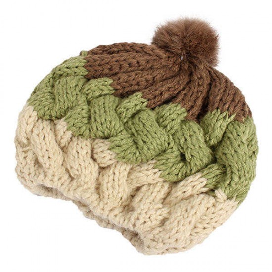 Women Female Knitted Flat Rabbit Fur Ball Beanie Hat Adjustable Elastic Beret Cap