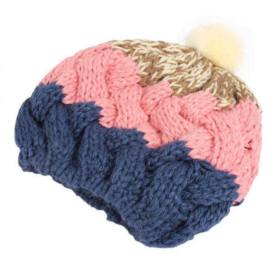 Women Female Knitted Flat Rabbit Fur Ball Beanie Hat Adjustable Elastic Beret Cap