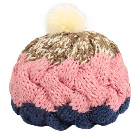 Women Female Knitted Flat Rabbit Fur Ball Beanie Hat Adjustable Elastic Beret Cap