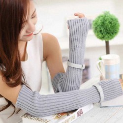 Women Fingerless Stripe Design Knitted Long Gloves Winter Warm Crochet Mittens