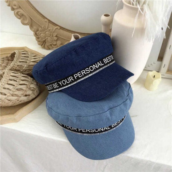 Women Flat Cap Blue Denim Fashion Navy Cap Octagonal Cap Flat Hat