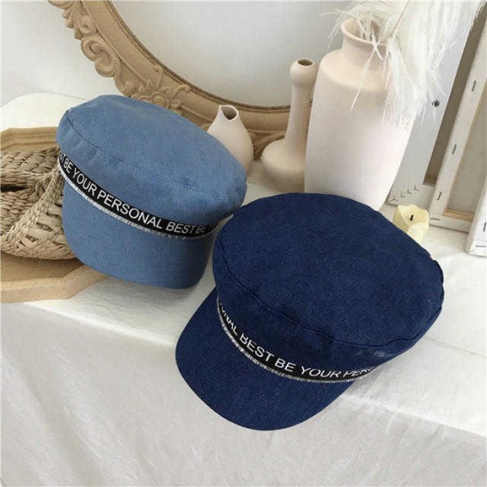 Women Flat Cap Blue Denim Fashion Navy Cap Octagonal Cap Flat Hat