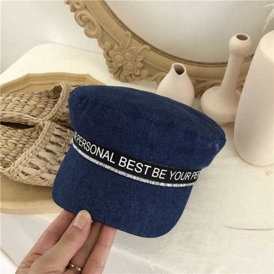 Women Flat Cap Blue Denim Fashion Navy Cap Octagonal Cap Flat Hat