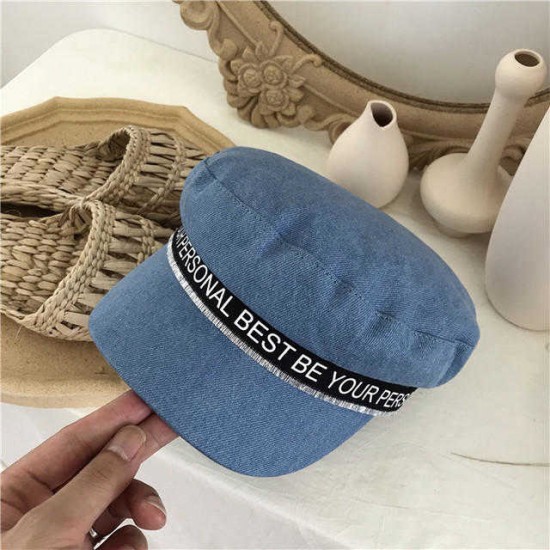 Women Flat Cap Blue Denim Fashion Navy Cap Octagonal Cap Flat Hat