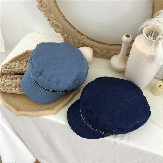 Women Flat Cap Blue Denim Fashion Navy Cap Octagonal Cap Flat Hat