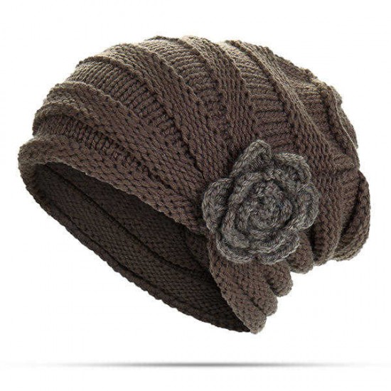 Women Flexible Flower Slouch Knit Hat Winter Warm Earmuffs Beanie Cap Good Elastic