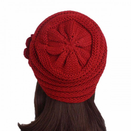 Women Flexible Flower Slouch Knit Hat Winter Warm Earmuffs Beanie Cap Good Elastic