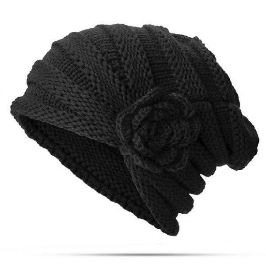 Women Flexible Flower Slouch Knit Hat Winter Warm Earmuffs Beanie Cap Good Elastic