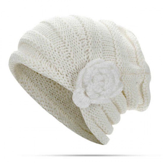 Women Flexible Flower Slouch Knit Hat Winter Warm Earmuffs Beanie Cap Good Elastic