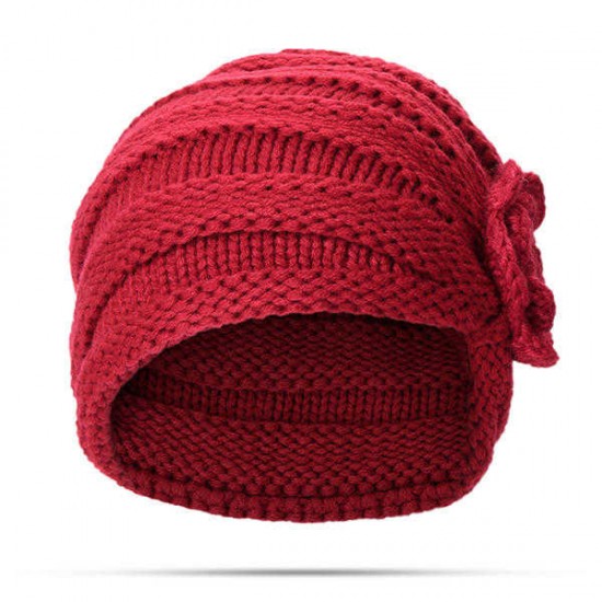 Women Flexible Flower Slouch Knit Hat Winter Warm Earmuffs Beanie Cap Good Elastic