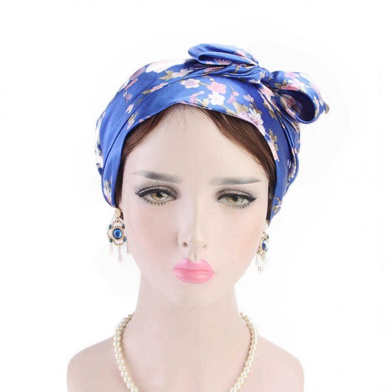 Women Floral Bow Turban Hat Outdoor Silk Ribbon Chemo Beanie Cap Earmuffs