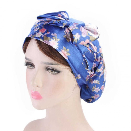 Women Floral Bow Turban Hat Outdoor Silk Ribbon Chemo Beanie Cap Earmuffs