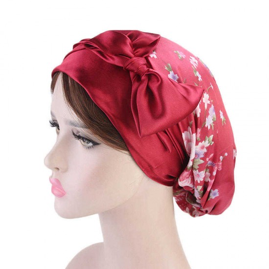 Women Floral Bow Turban Hat Outdoor Silk Ribbon Chemo Beanie Cap Earmuffs