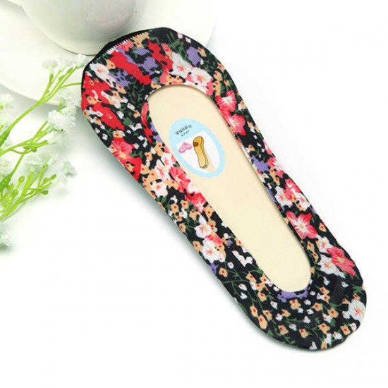 Women Floral Print Invisible Antiskid Cotton Boat Socks Shallow Liner No Show Peep Low Cut Hosiery