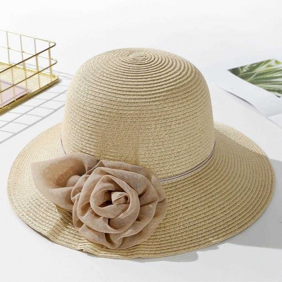 Women Flower Foldable Sunscreen Bucket Straw Hat Outdoor Casual Travel Beach Sea Floppy Hat