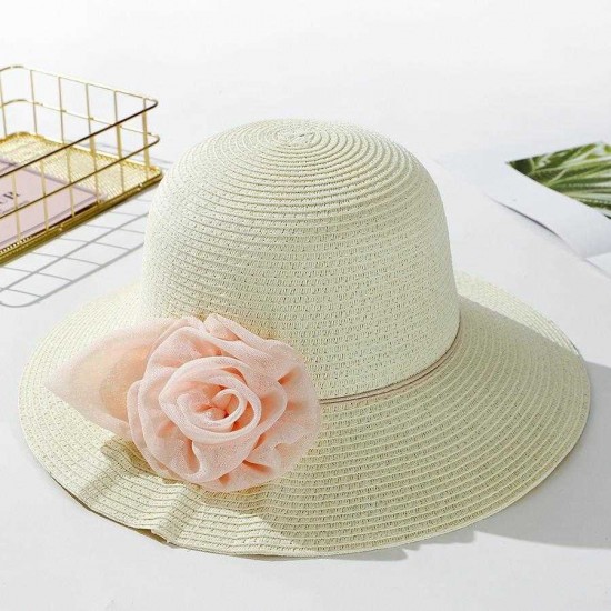 Women Flower Foldable Sunscreen Bucket Straw Hat Outdoor Casual Travel Beach Sea Floppy Hat