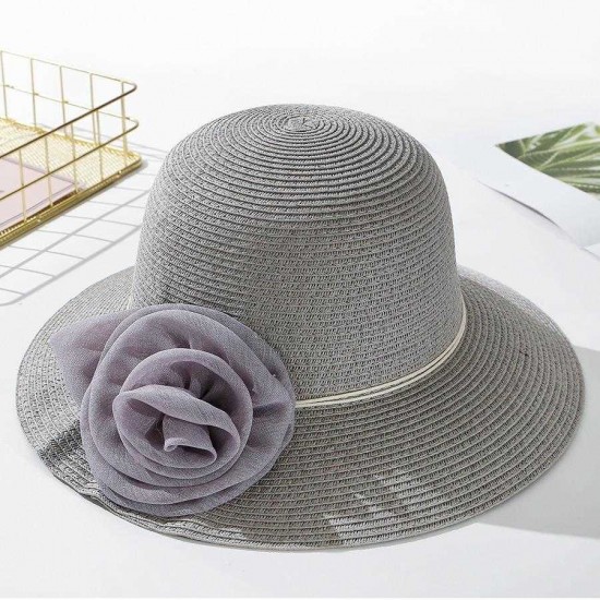 Women Flower Foldable Sunscreen Bucket Straw Hat Outdoor Casual Travel Beach Sea Floppy Hat