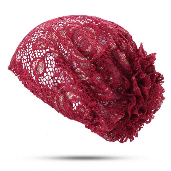 Women Flower Hollow Lace Beanie Hat Ethnic Turban Chemo Cap