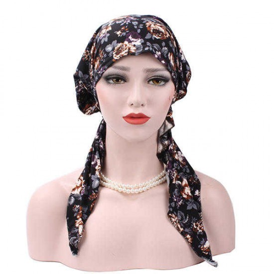 Women Flower Printing Muslim Cotton Turban Cap Elastic Casual Breathable Beanies