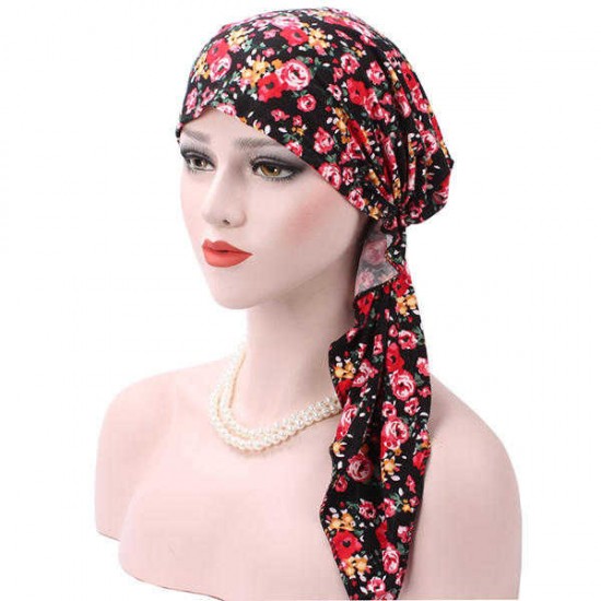 Women Flower Printing Muslim Cotton Turban Cap Elastic Casual Breathable Beanies