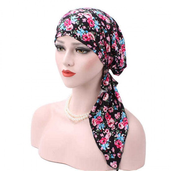 Women Flower Printing Muslim Cotton Turban Cap Elastic Casual Breathable Beanies