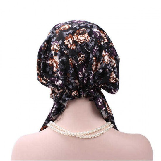 Women Flower Printing Muslim Cotton Turban Cap Elastic Casual Breathable Beanies