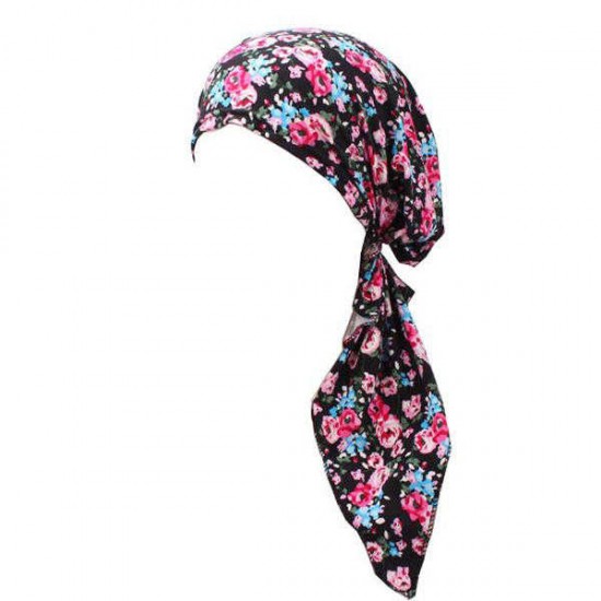 Women Flower Printing Muslim Cotton Turban Cap Elastic Casual Breathable Beanies