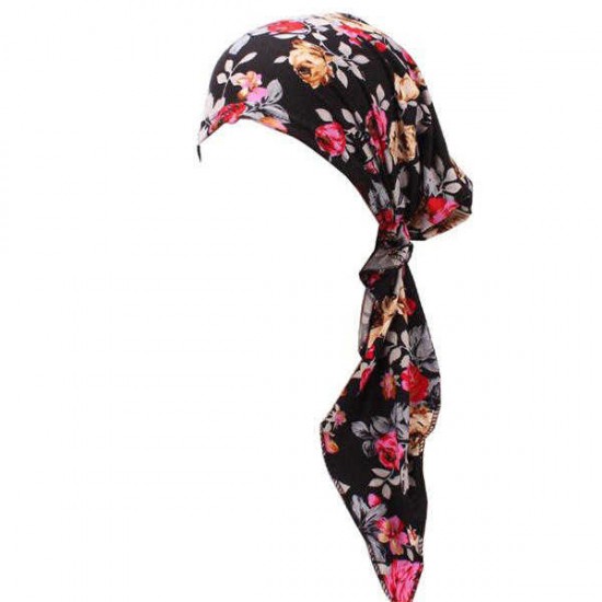 Women Flower Printing Muslim Cotton Turban Cap Elastic Casual Breathable Beanies