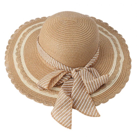 Women Foldable Bow Sunscreen Bucket Straw Hat Outdoor Casual Travel With String Beach Sea Floppy Hat