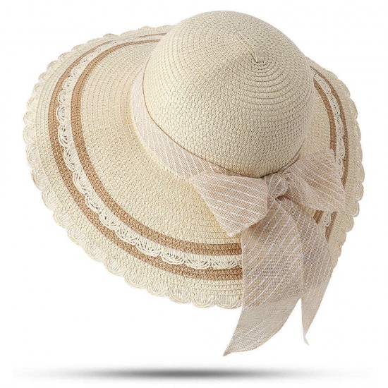 Women Foldable Bow Sunscreen Bucket Straw Hat Outdoor Casual Travel With String Beach Sea Floppy Hat