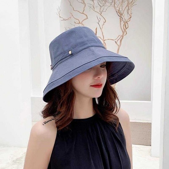 Women Foldable Cotton And Linen Bucket Hat Double Buckle Monochrome Beach Curling Sun Hat