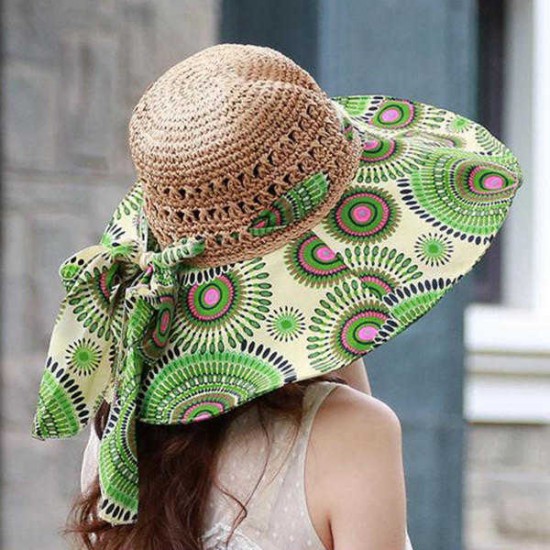 Women Foldable Hollow Beach Sun Straw Hat Large Wide Brim Flower Print Sunscreen Sun Hat