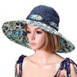 Women Foldable Hollow Beach Sun Straw Hat Large Wide Brim Flower Print Sunscreen Sun Hat