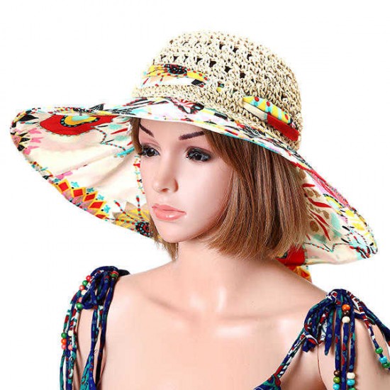 Women Foldable Hollow Beach Sun Straw Hat Large Wide Brim Flower Print Sunscreen Sun Hat