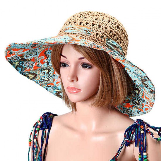 Women Foldable Hollow Beach Sun Straw Hat Large Wide Brim Flower Print Sunscreen Sun Hat