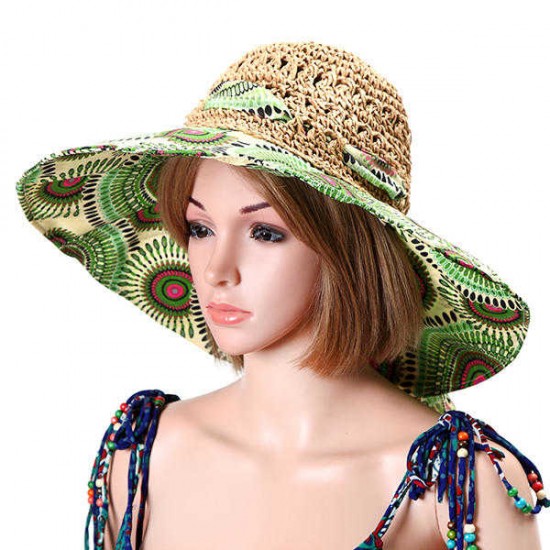 Women Foldable Hollow Beach Sun Straw Hat Large Wide Brim Flower Print Sunscreen Sun Hat