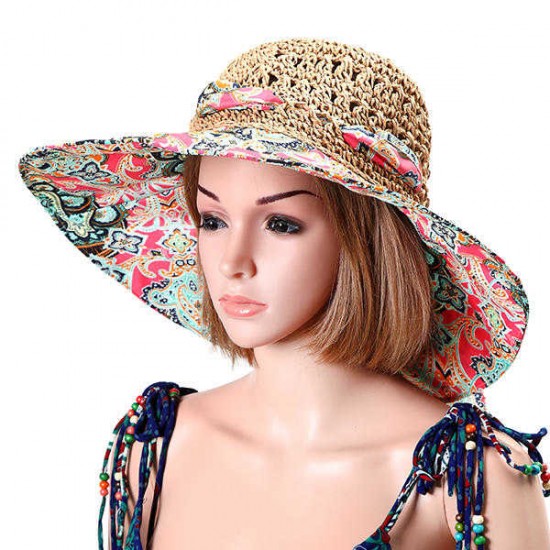 Women Foldable Hollow Beach Sun Straw Hat Large Wide Brim Flower Print Sunscreen Sun Hat