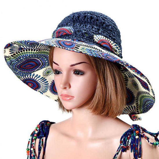 Women Foldable Hollow Beach Sun Straw Hat Large Wide Brim Flower Print Sunscreen Sun Hat