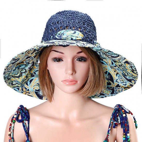 Women Foldable Hollow Beach Sun Straw Hat Large Wide Brim Flower Print Sunscreen Sun Hat