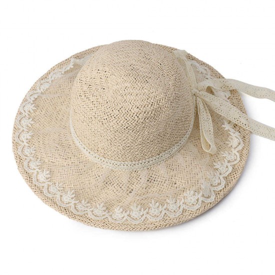 Women Foldable Lace Bow Sunscreen Bucket Straw Hat Outdoor Casual Travel Beach Sea Floppy Hat