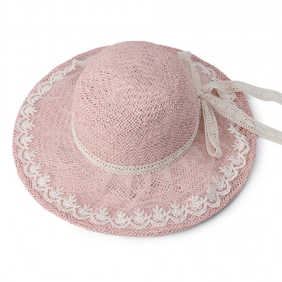 Women Foldable Lace Bow Sunscreen Bucket Straw Hat Outdoor Casual Travel Beach Sea Floppy Hat