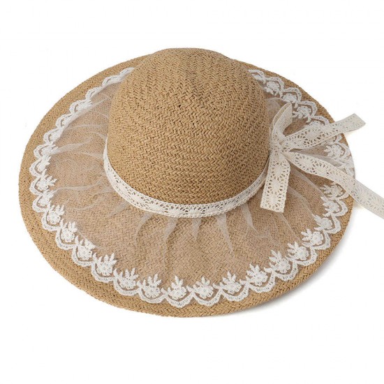 Women Foldable Lace Bow Sunscreen Bucket Straw Hat Outdoor Casual Travel Beach Sea Floppy Hat