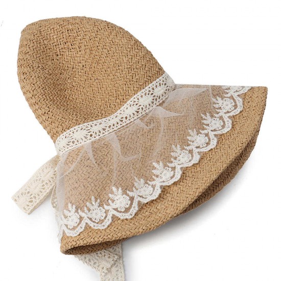 Women Foldable Lace Bow Sunscreen Bucket Straw Hat Outdoor Casual Travel Beach Sea Floppy Hat