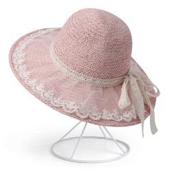 Women Foldable Lace Bow Sunscreen Bucket Straw Hat Outdoor Casual Travel Beach Sea Floppy Hat