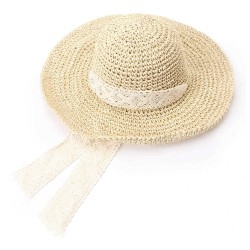 Women Foldable Lace Tie Handmade Straw Hat Sunscreen Travel Beach Floppy Hat