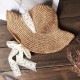 Women Foldable Lace Tie Handmade Straw Hat Sunscreen Travel Beach Floppy Hat