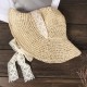 Women Foldable Lace Tie Handmade Straw Hat Sunscreen Travel Beach Floppy Hat