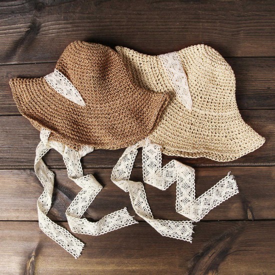 Women Foldable Lace Tie Handmade Straw Hat Sunscreen Travel Beach Floppy Hat